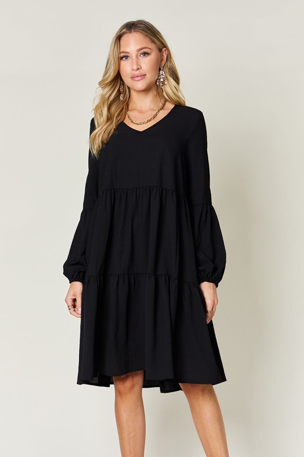 Double Take Full Size V-Neck Balloon Sleeve Tiered Dress with Pockets - Classique Collection