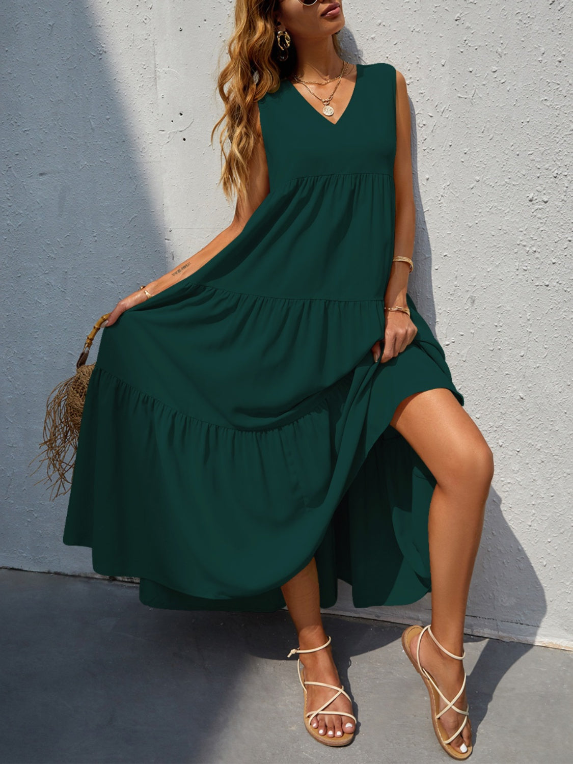 FAM-FAM Tiered V-Neck Sleeveless Dress - Classique Collection