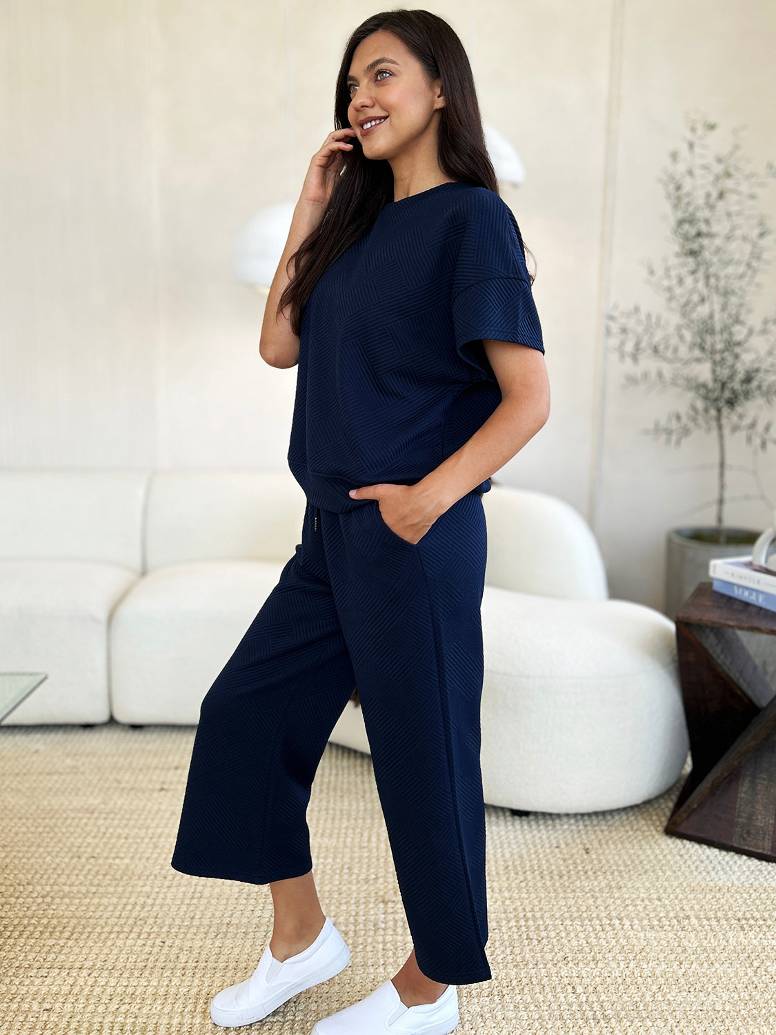 Double Take Full Size Texture Short Sleeve Top and Pants Set - ClassiQ