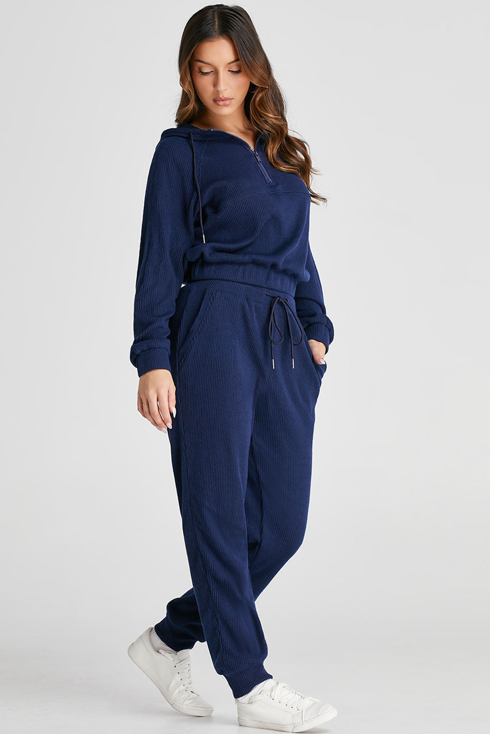 Navy Blue Ribbed Knit Cropped Hoodie and Drawstring Joggers Set ClassiQ