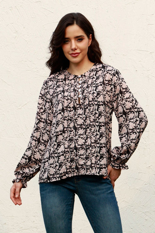 Floral Flounce Sleeve Round Neck Blouse - Classique Collection