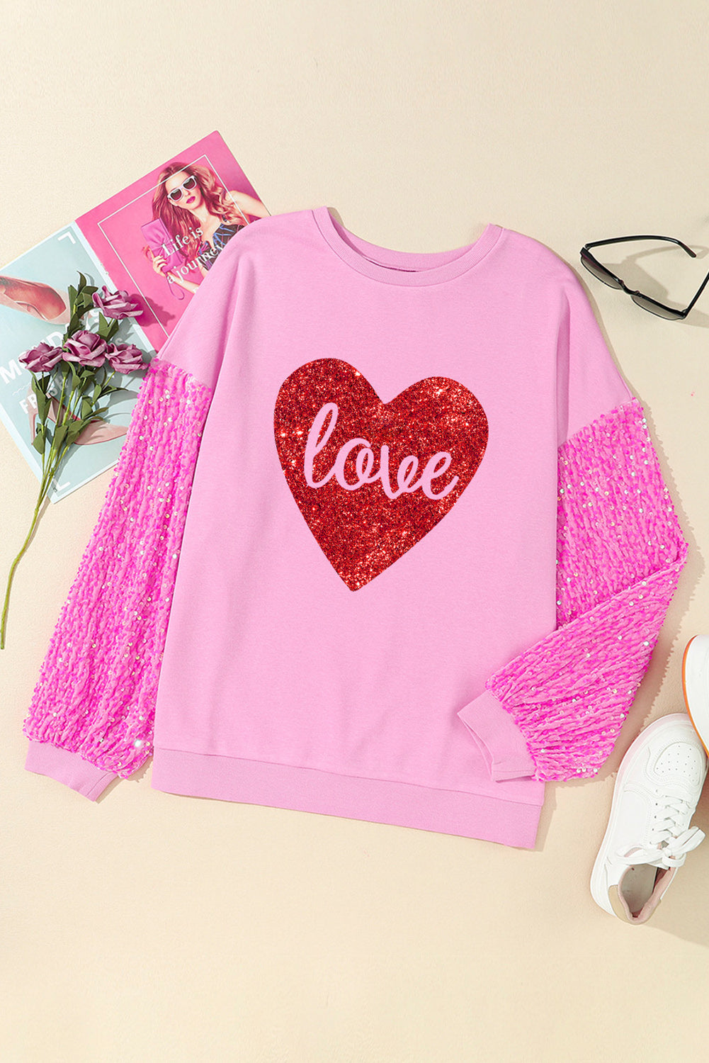 LOVE Heart Sequin Dropped Shoulder Sweatshirt - ClassiQ