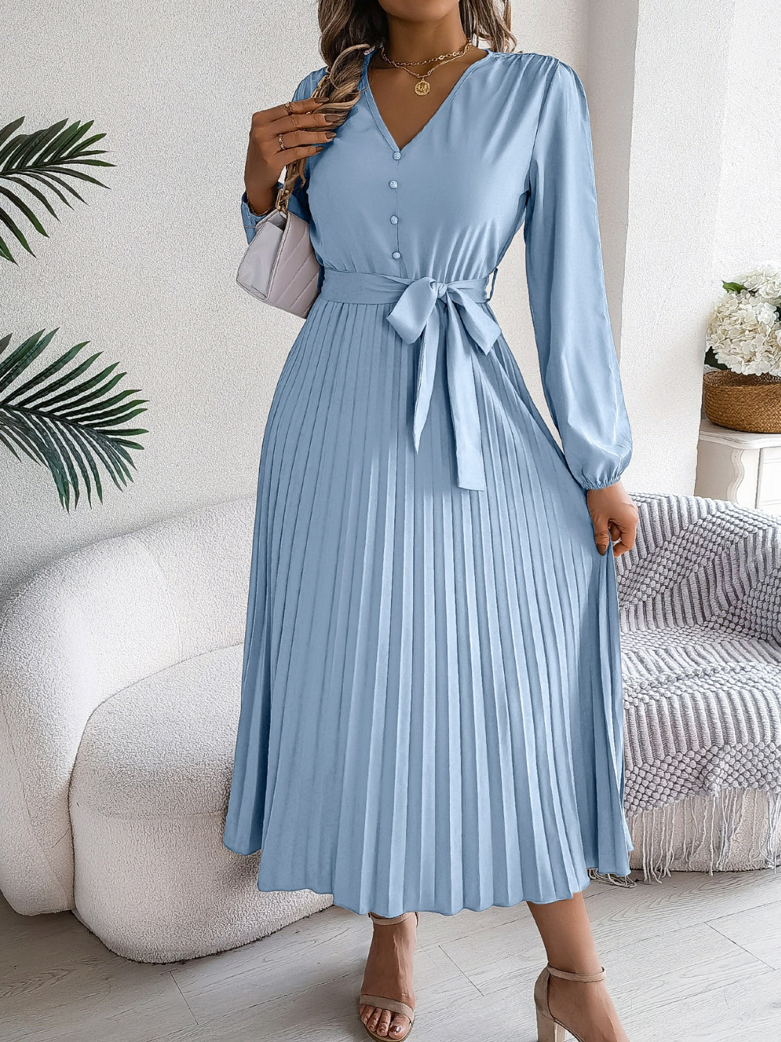 Pleated Tied V-Neck Long Sleeve Dress - Classique Collection