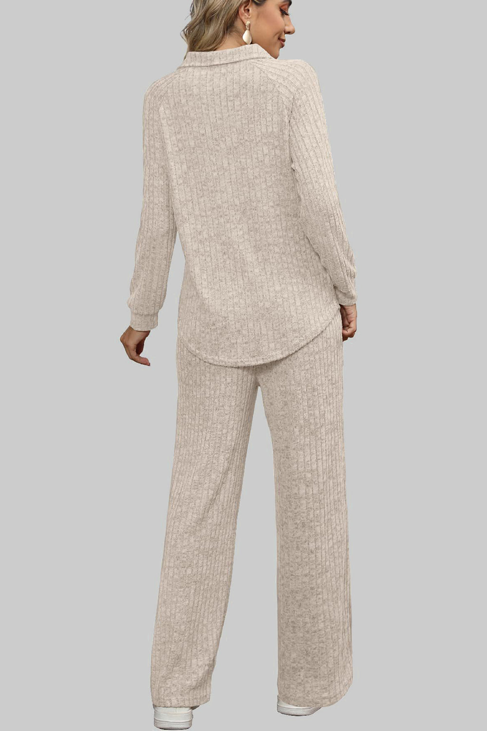 Ribbed Long Sleeve Top and Pocketed Pants Set - ClassiQ