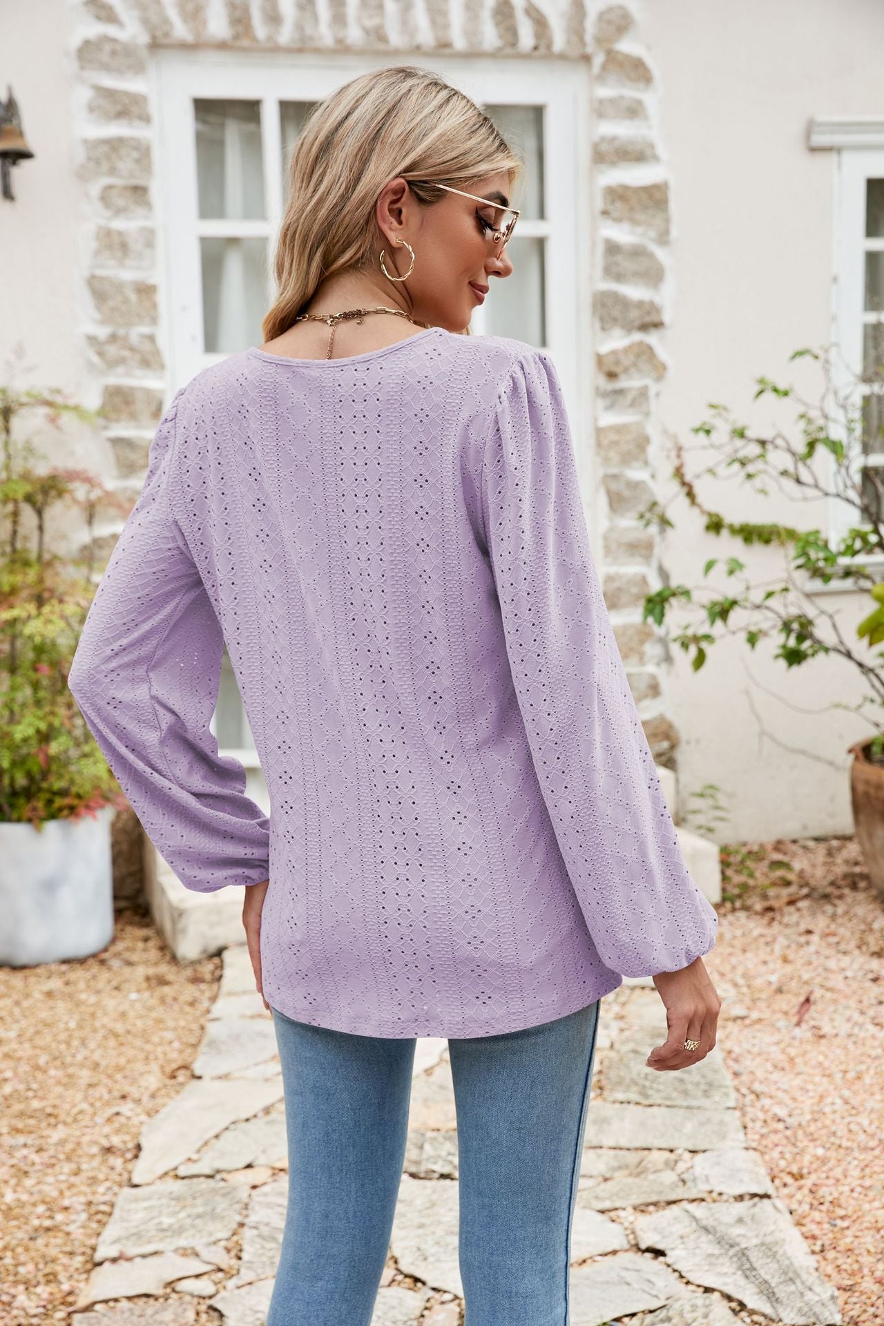 Eyelet Notched Neck Balloon Sleeve Blouse - Classique Collection