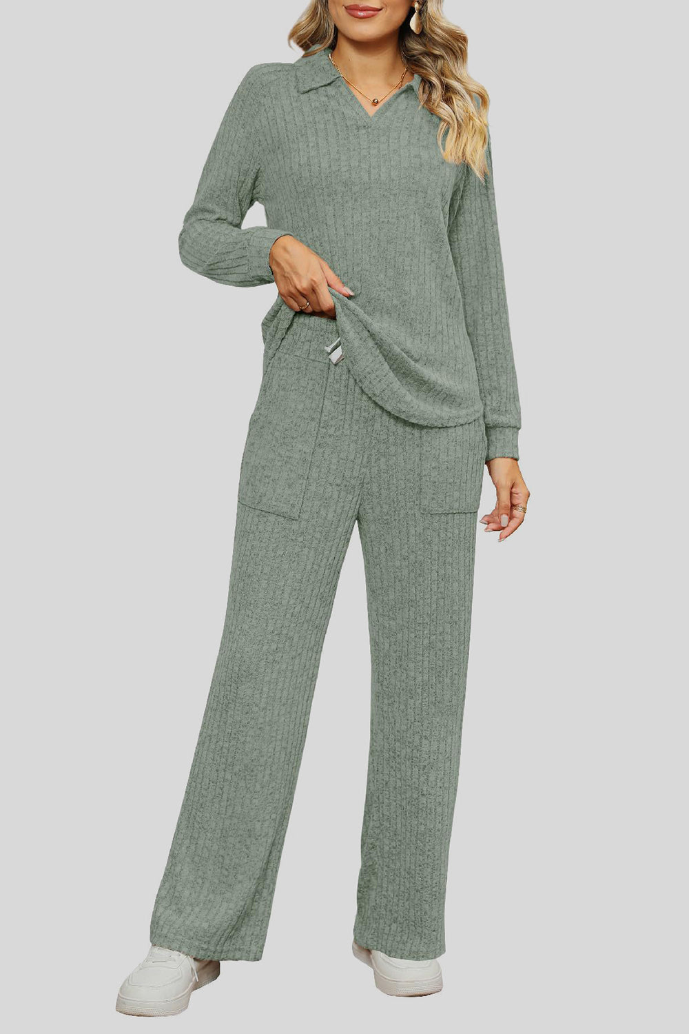 Ribbed Long Sleeve Top and Pocketed Pants Set - ClassiQ