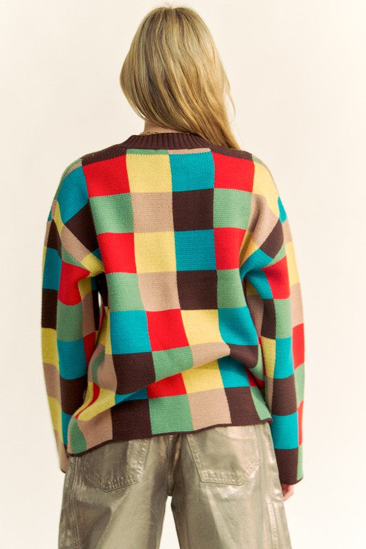 Davi & Dani Color Block Checkered Dropped Shoulder Sweater - Classique Collection
