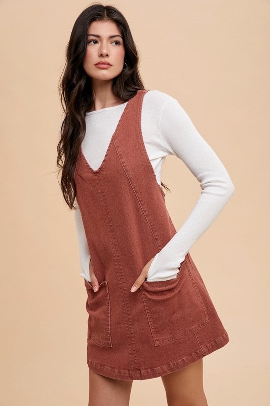 Annie Wear V-Neck Adjustable Strap Denim Overall Dress with Pockets - ClassiQ