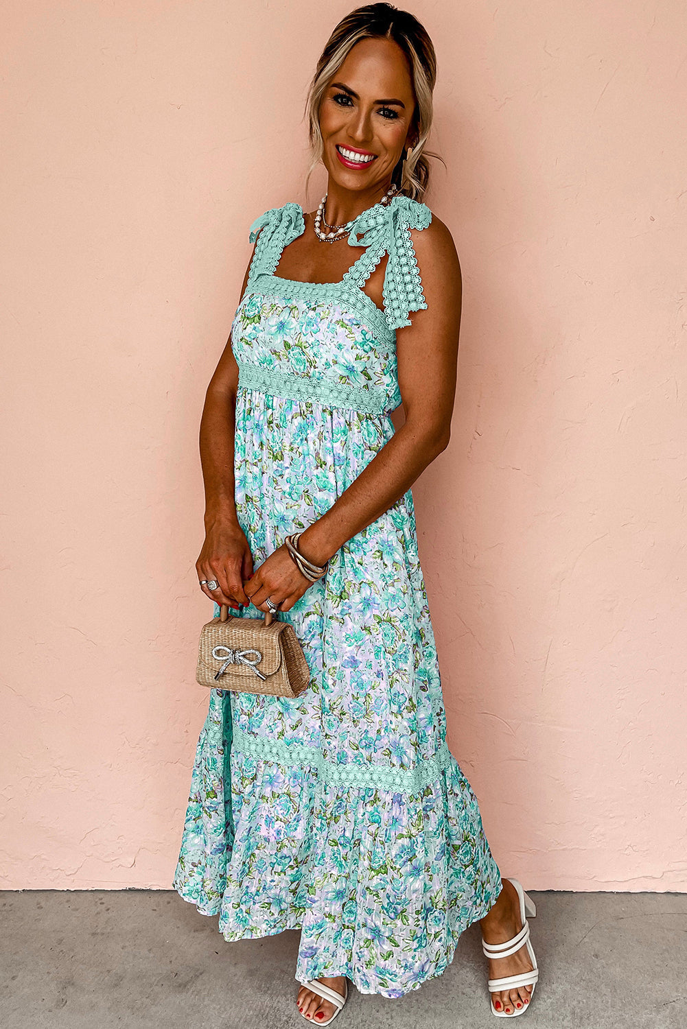 Green Floral Lace Tied Strap Empire Waist Maxi Dress ClassiQ