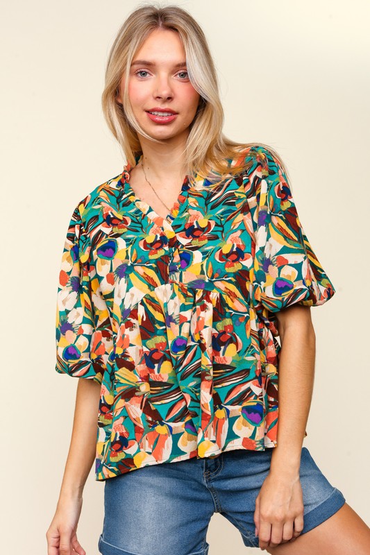 Haptics Full Size Frill Floral Puff Sleeve Peplum Blouse - Classique Collection