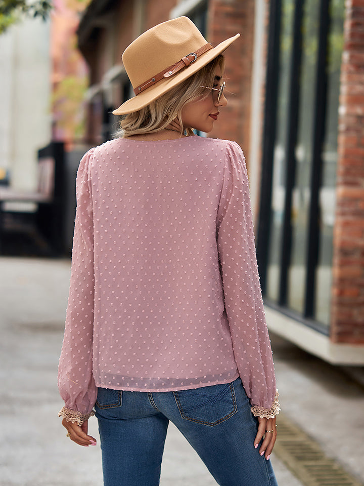 Swiss Dot V-Neck Long Sleeve Blouse - ClassiQ