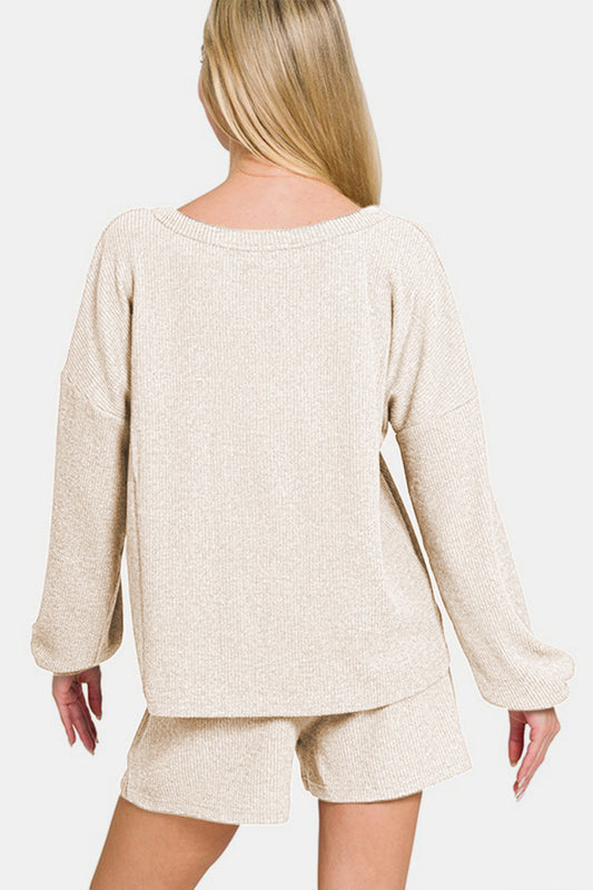 Zenana V-Neck Long Sleeve Ribbed Top and Shorts Set - ClassiQ