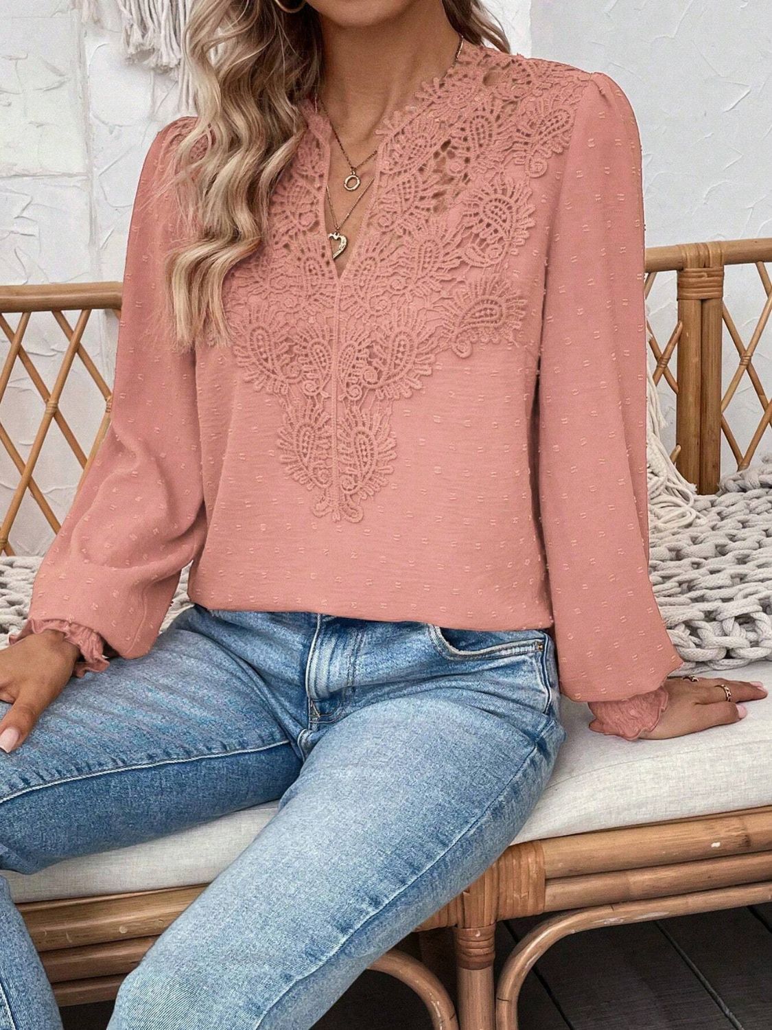 Swiss Dot Lace Detail Notched Long Sleeve Blouse - Classique Collection