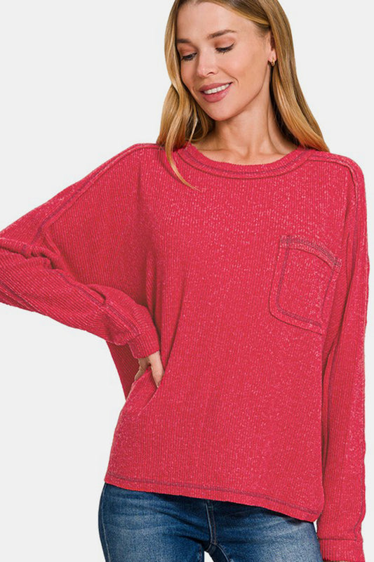 Zenana Full Size Contrast Stitching Brushed Ribbed Hacci Knit Top - Classique Collection
