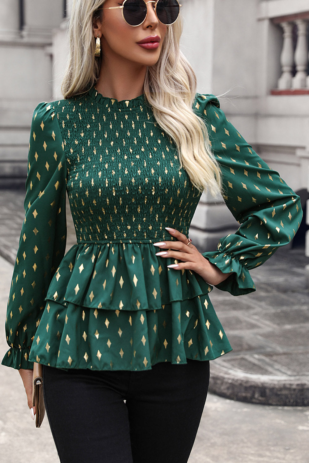 Perfee Smocked Flounce Sleeve Layered Blouse - Classique Collection