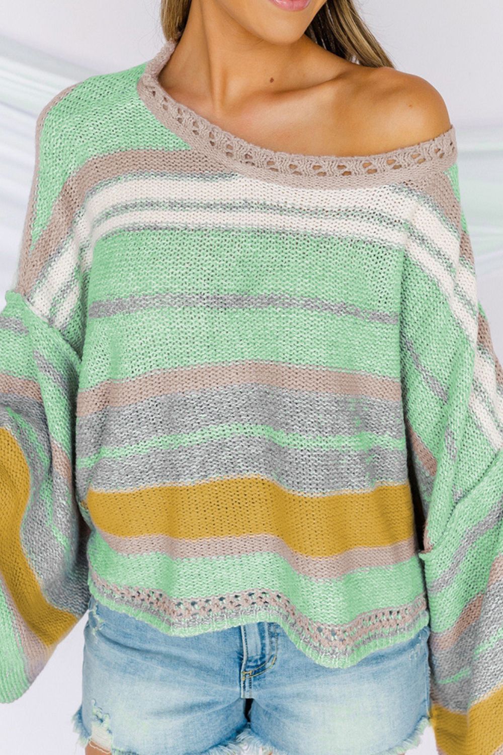 Contrast Striped Boat Neck Dropped Shoulder Sweater - ClassiQ