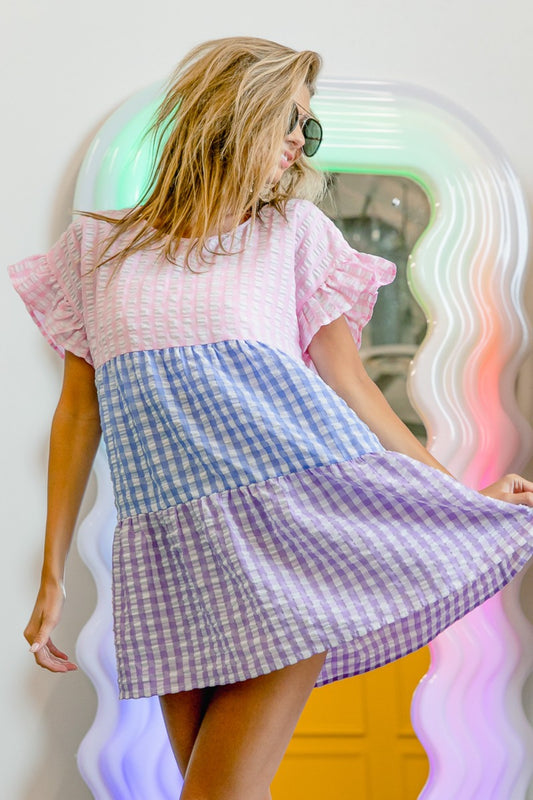 BiBi Plaid Color Block Tiered Top - Classique Collection