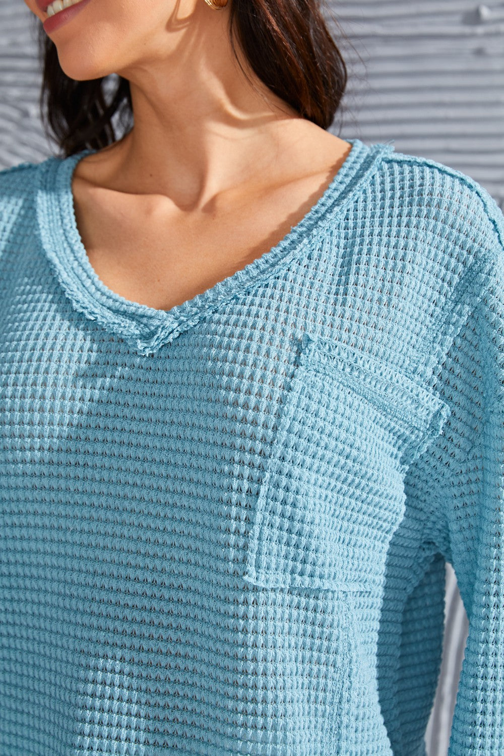 Waffle-Knit V-Neck Blouse with Breast Pocket - Classique Collection