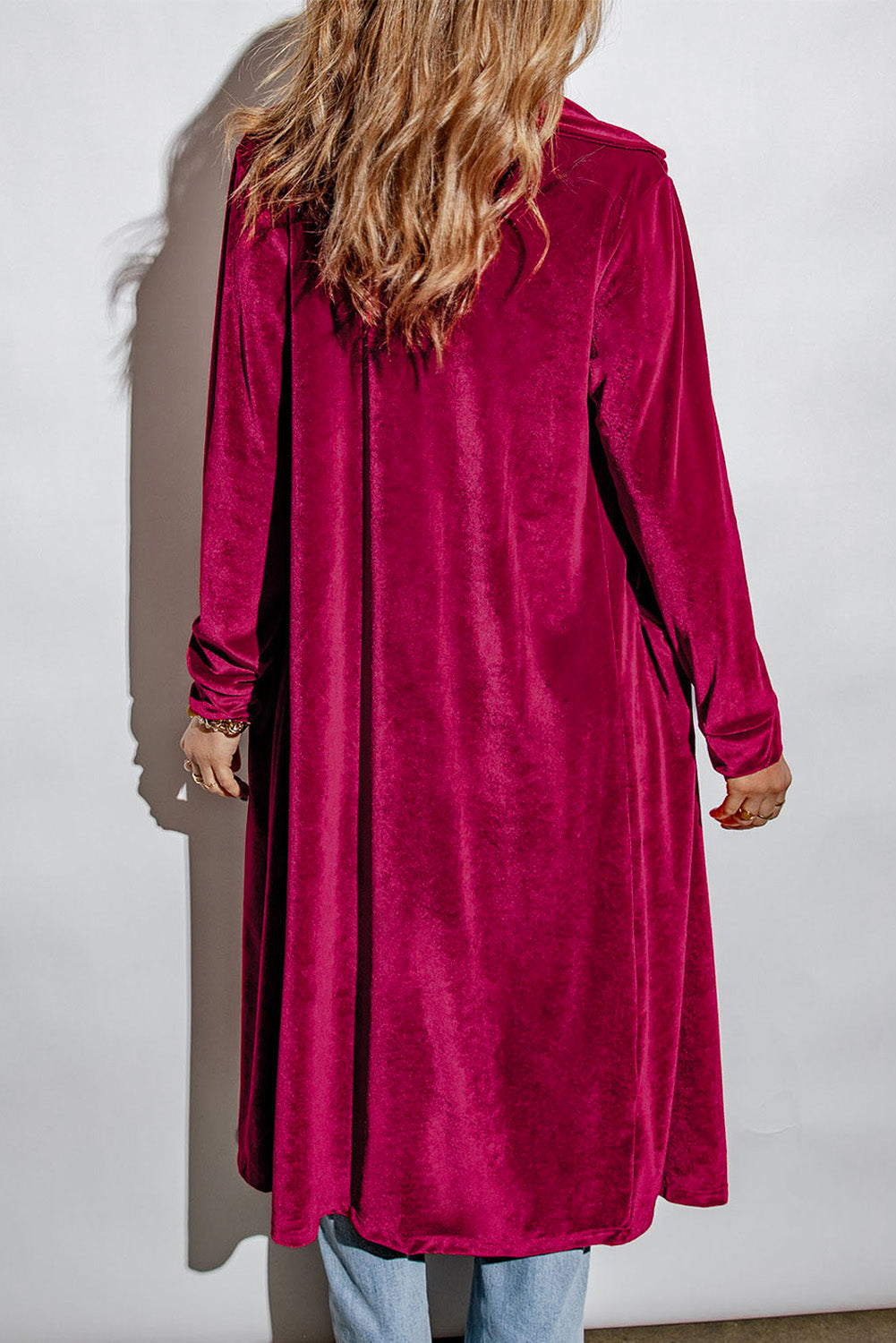 Collared Neck Longline Velvet Cardigan with Pockets - Classique Collection