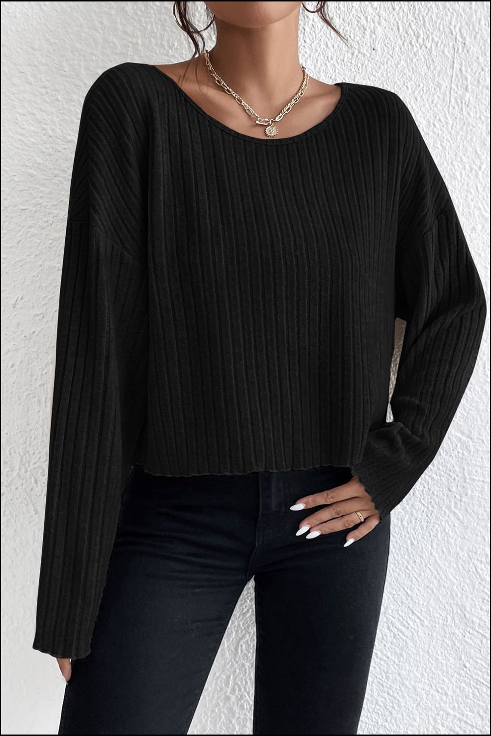 Ribbed Round Neck Drop Shoulder Long Sleeve Top - Classique Collection