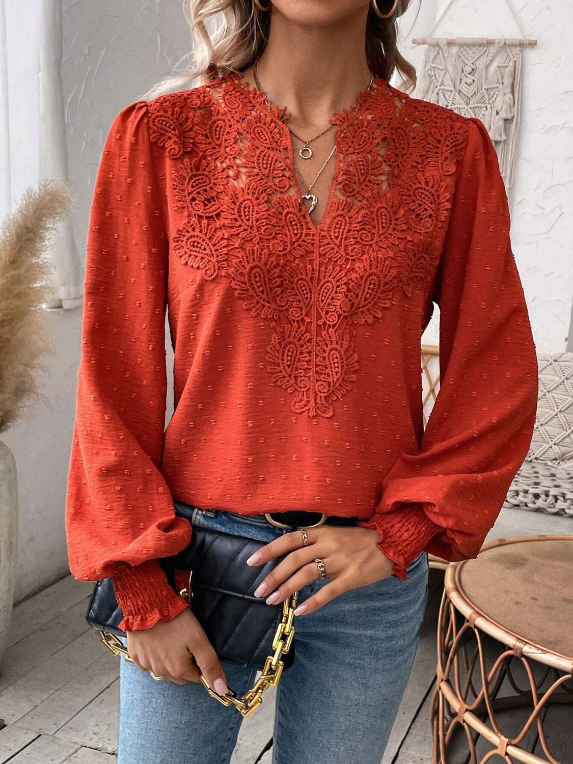 Swiss Dot Lace Detail Notched Long Sleeve Blouse - Classique Collection