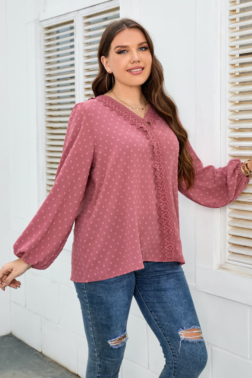 Honey Melo Apparel Plus Size Lace Trim V-Neck Balloon Sleeve Blouse - Classique Collection