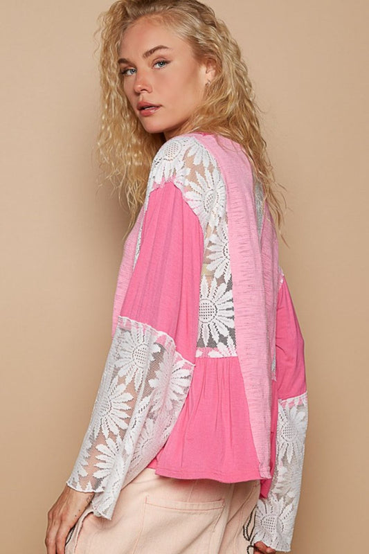 POL Lace Detail V-Neck Flare Sleeve Blouse - Classique Collection