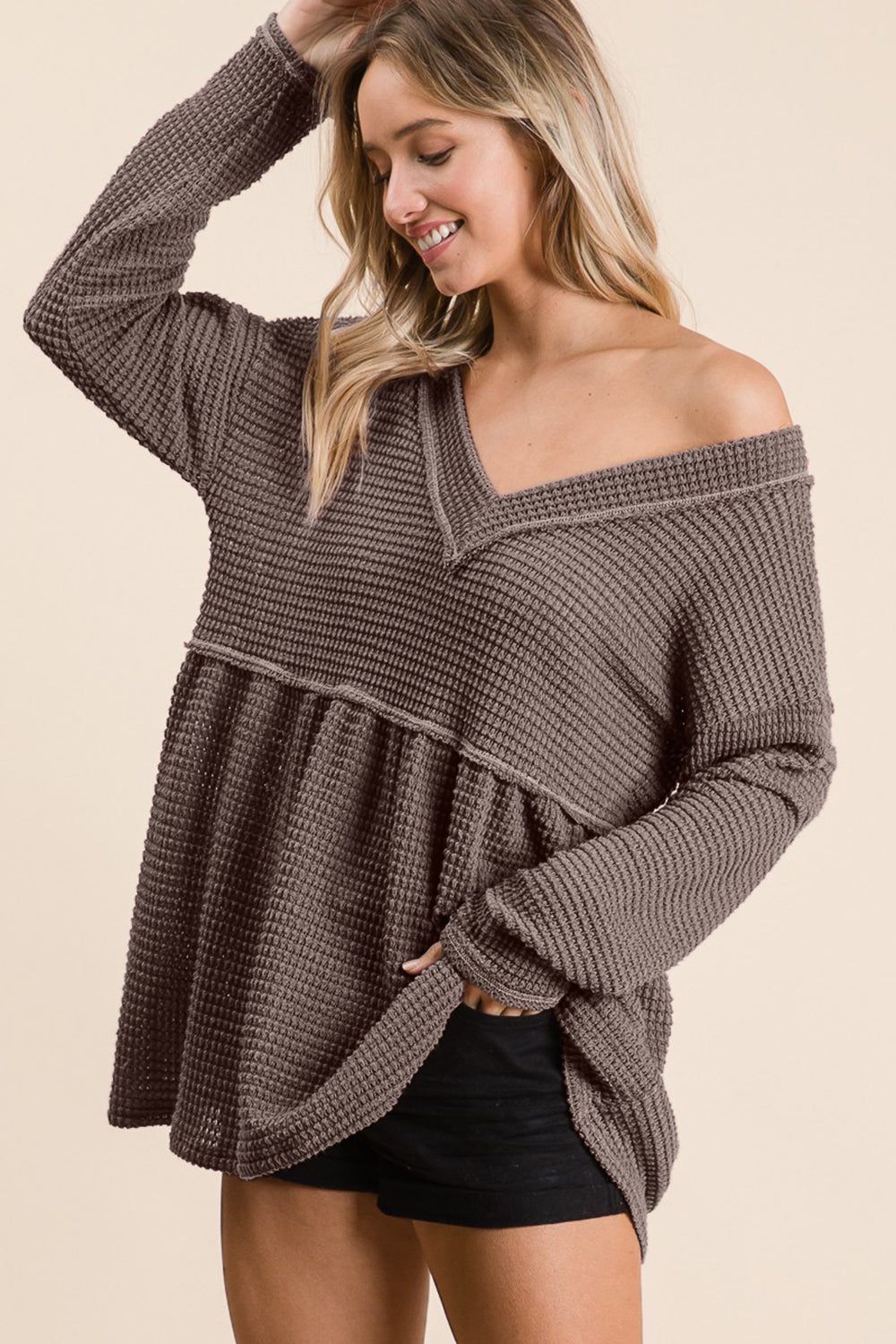 BiBi Waffle Knit V-Neck Babydoll Blouse - Classique Collection
