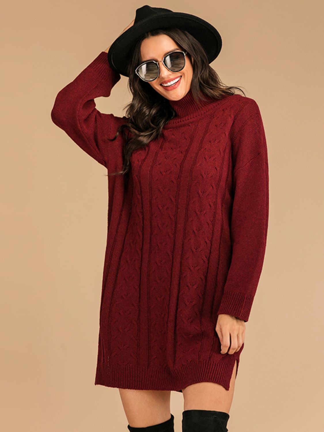 Perfee Slit Turtleneck Long Sleeve Mini Sweater Dress - Classique Collection