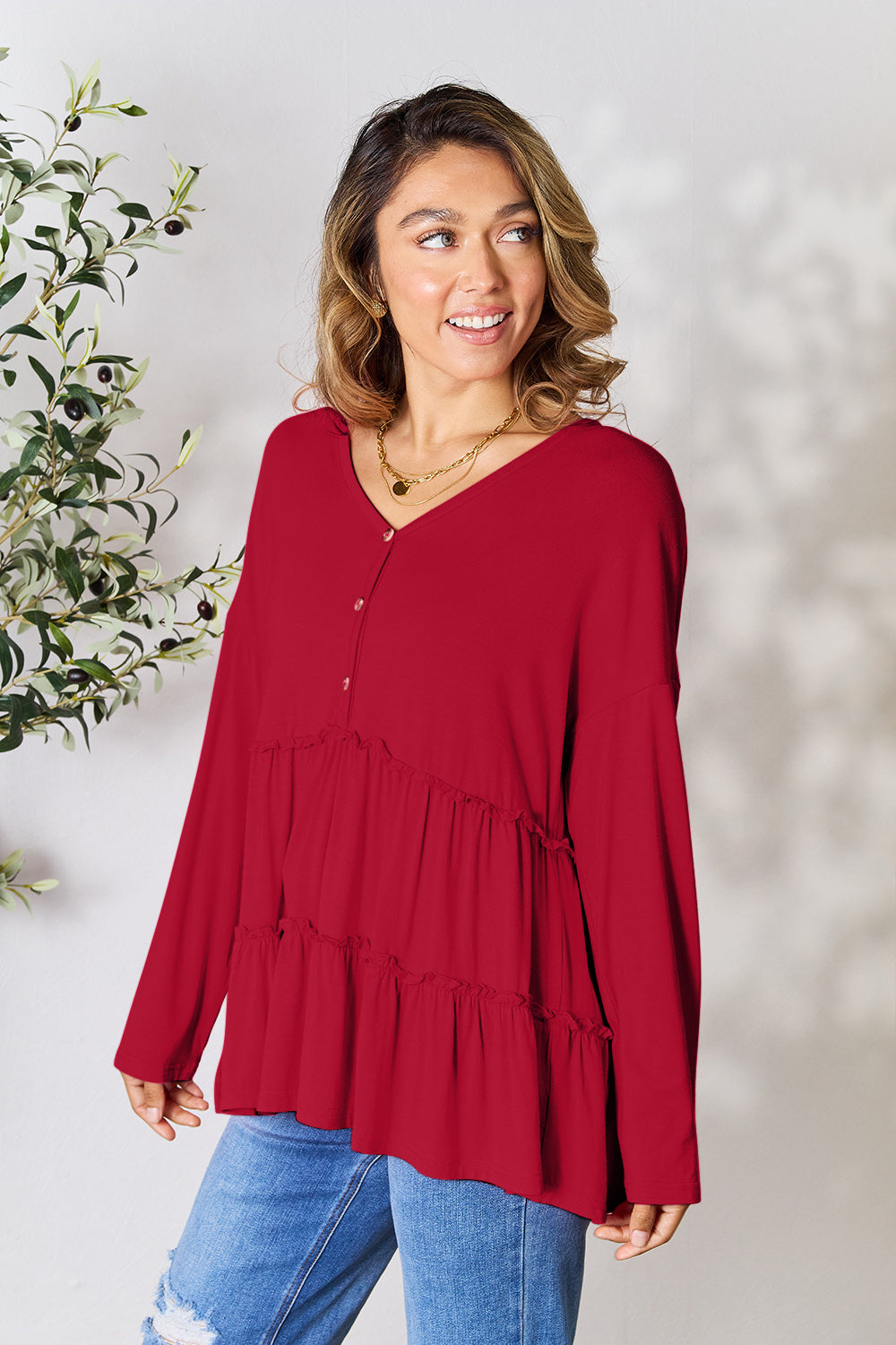Double Take Half Button Long Sleeve Ruffle Hem Blouse - Classique Collection