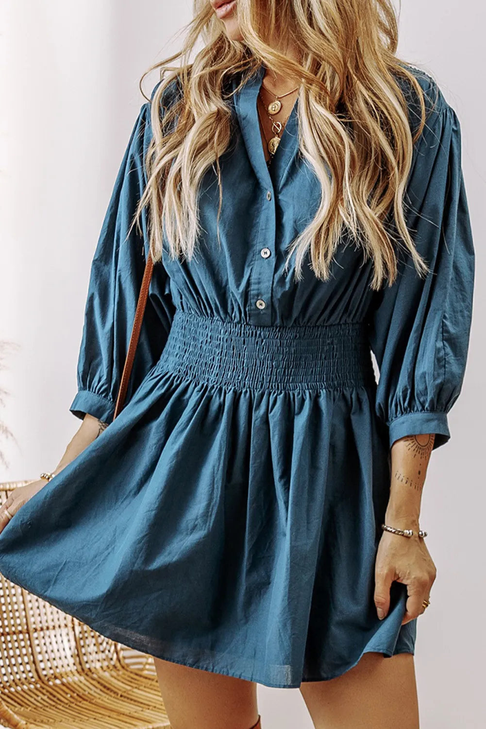 Smocked Half Button Three-Quarter Sleeve Mini Dress - Classique Collection