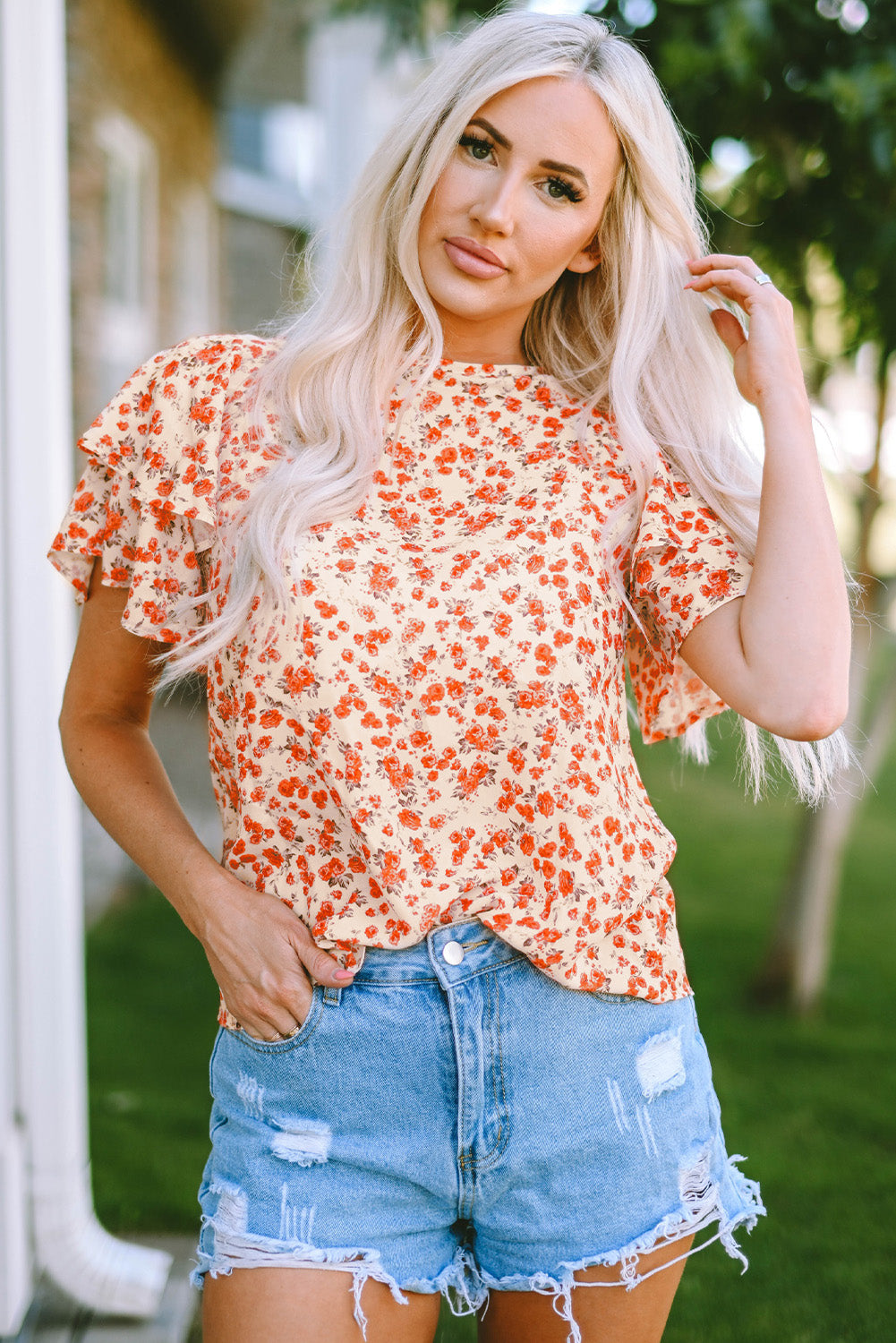 Floral Round Neck Flutter Sleeve Blouse - ClassiQ