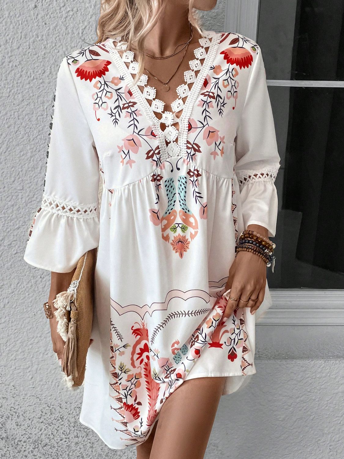 Lace Detail Printed Three-Quarter Sleeve Dress - Classique Collection