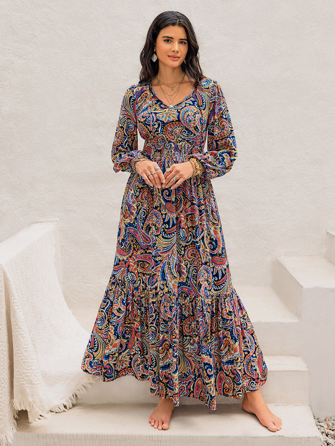 Printed Tie Neck Long Sleeve Midi Dress - Classique Collection