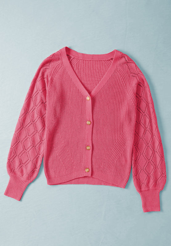Openwork V-Neck Button Up Cardigan - ClassiQ