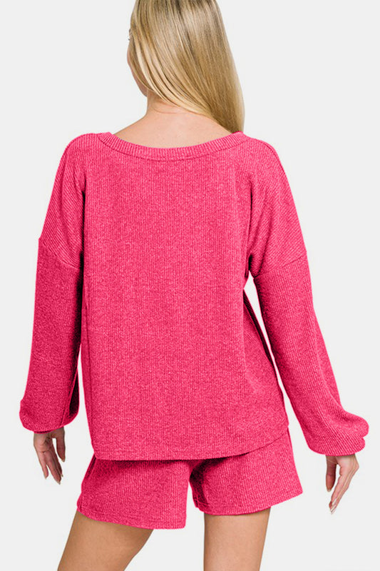 Zenana V-Neck Long Sleeve Ribbed Top and Shorts Set - Classique Collection