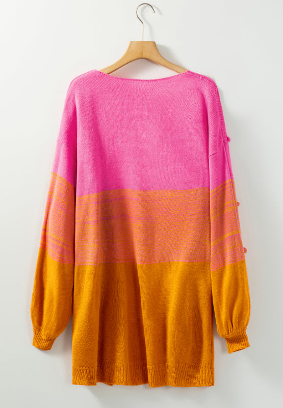 Pompom Color Block Open Front Cardigan - ClassiQ