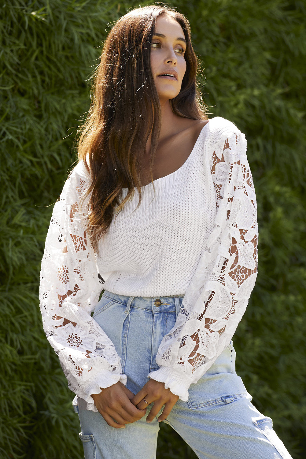 Ribbed Lace Trim Flounce Sleeve Knit Top - Classique Collection