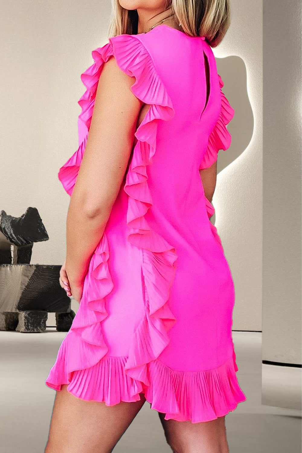 Ruffled Round Neck Cap Sleeve Mini Dress - Classique Collection