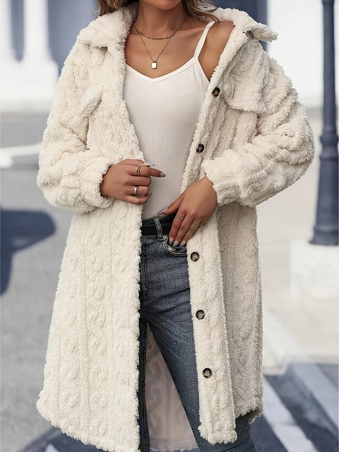 Fuzzy Button Up Long Sleeve Longline Coat - Classique Collection