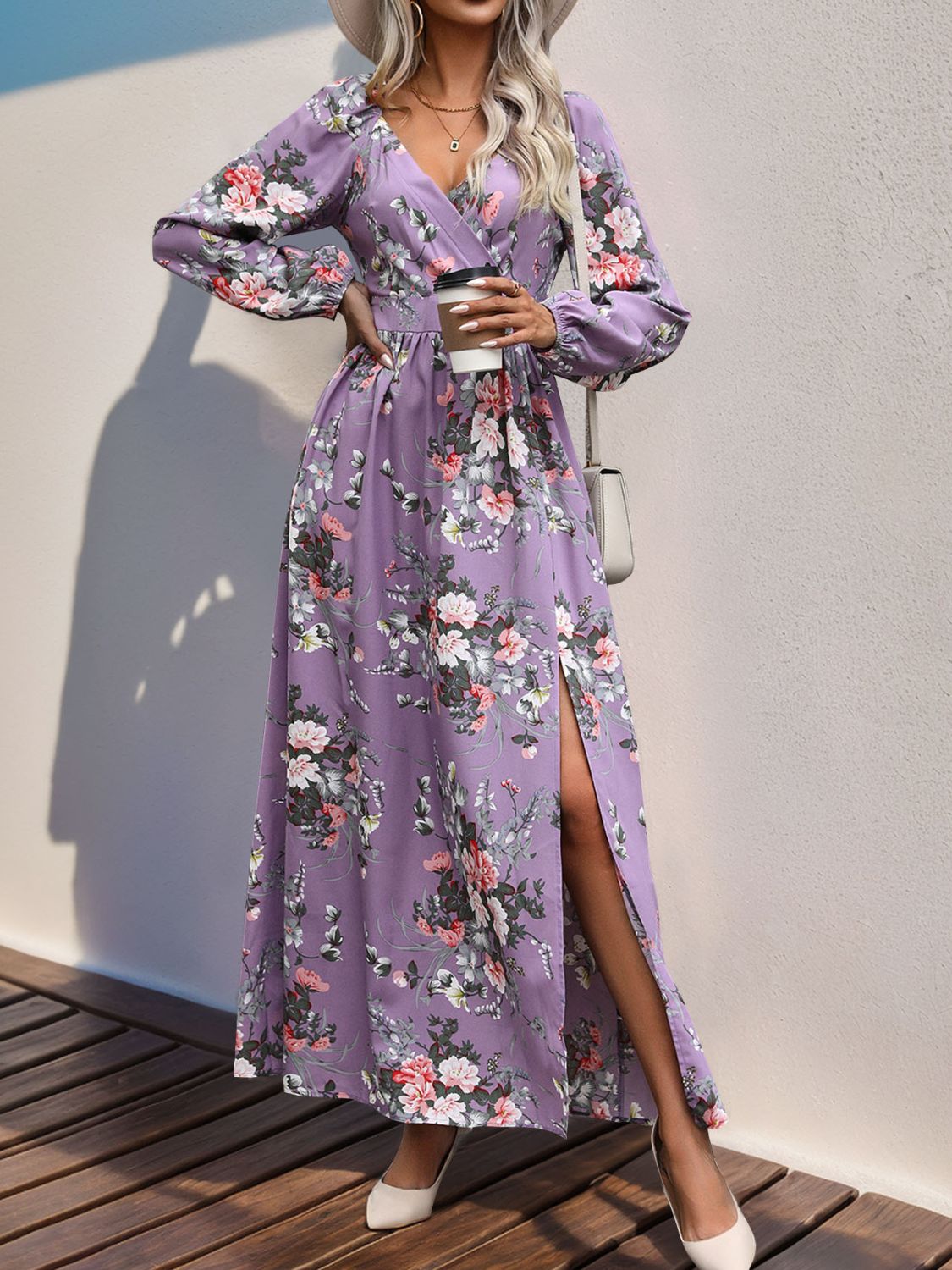 Perfee Slit Printed Surplice Long Sleeve Maxi Dress - Classique Collection