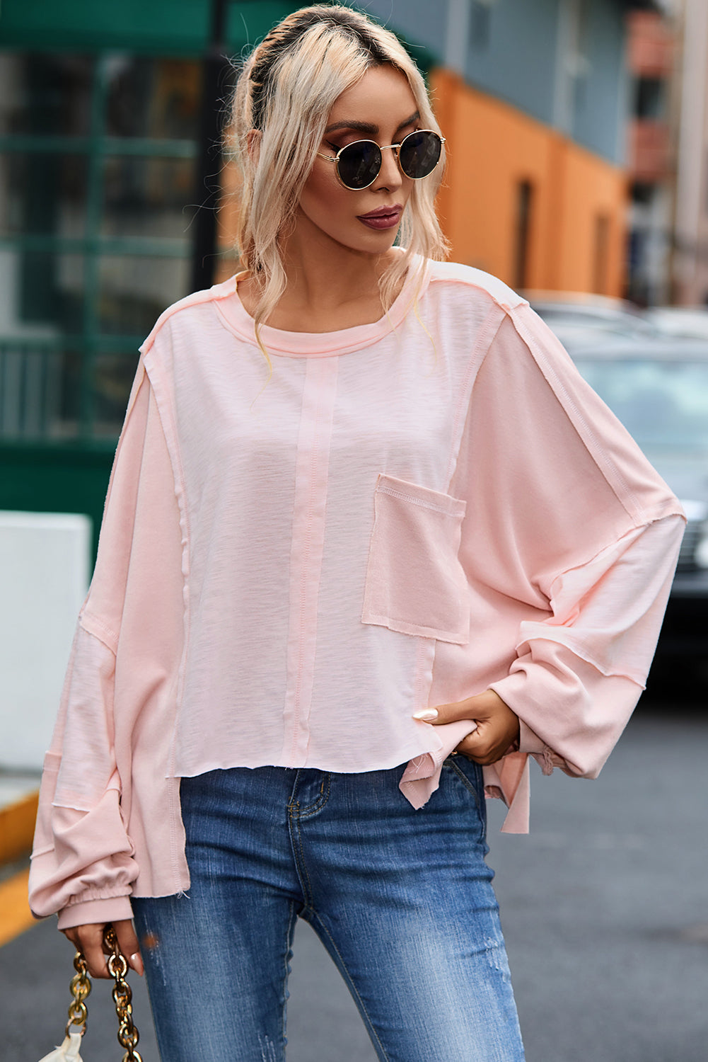 Exposed Seam Round Neck Top with Pocket - Classique Collection