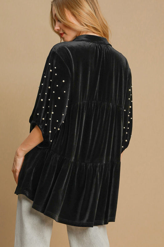 Umgee Pearl Detail Half Sleeve Velvet Babydoll Blouse - Classique Collection