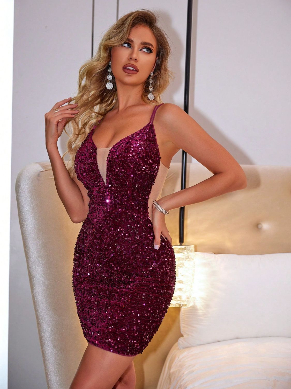 Lace-Up Sequin Plunge Sleeveless Dress - Classique Collection