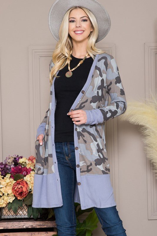 Celeste Full Size Camouflage Button Up Long Sleeve Cardigan Plus Size