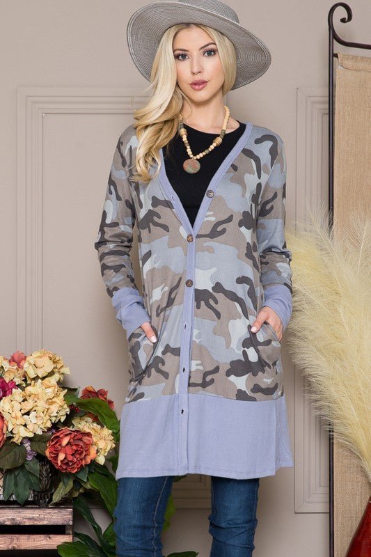 Celeste Full Size Camouflage Button Up Long Sleeve Cardigan Plus Size