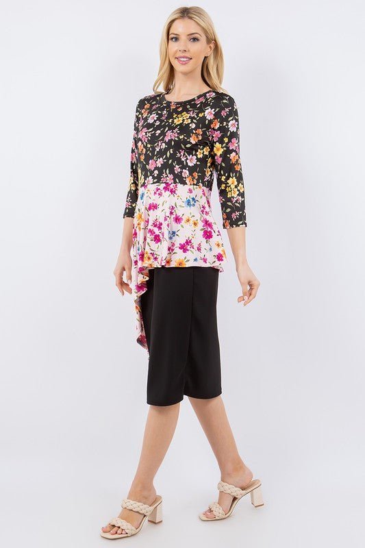 Celeste Full Size Floral Asymmetrical Hemline Round Neck Top Plus Size