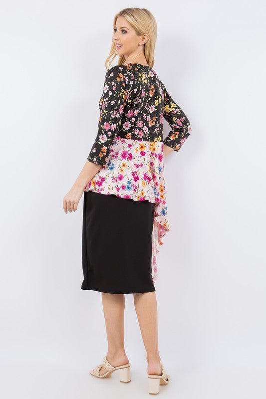 Celeste Full Size Floral Asymmetrical Hemline Round Neck Top Plus Size