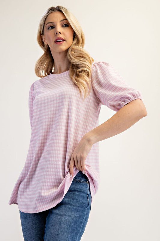 Celeste Full Size Gingham Print Top With Puff Sleeves Plus Size - Classique Collection