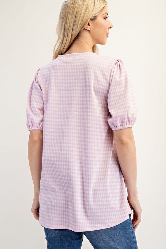 Celeste Full Size Gingham Print Top With Puff Sleeves Plus Size - Classique Collection